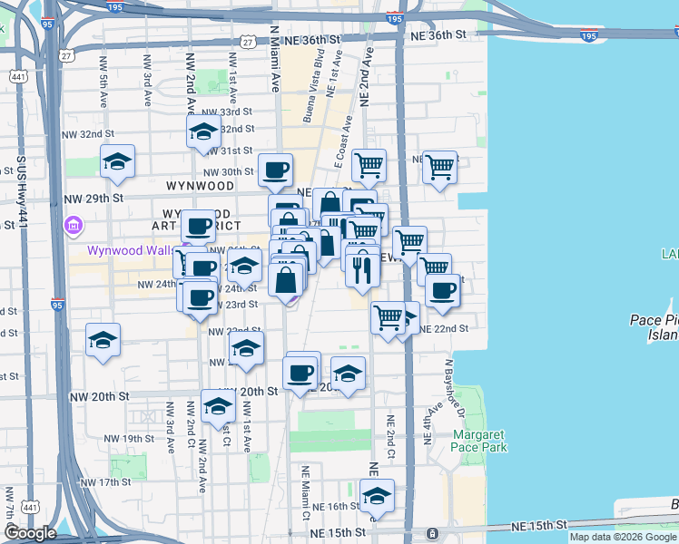 map of restaurants, bars, coffee shops, grocery stores, and more near 101 Northeast 24th Street in Miami