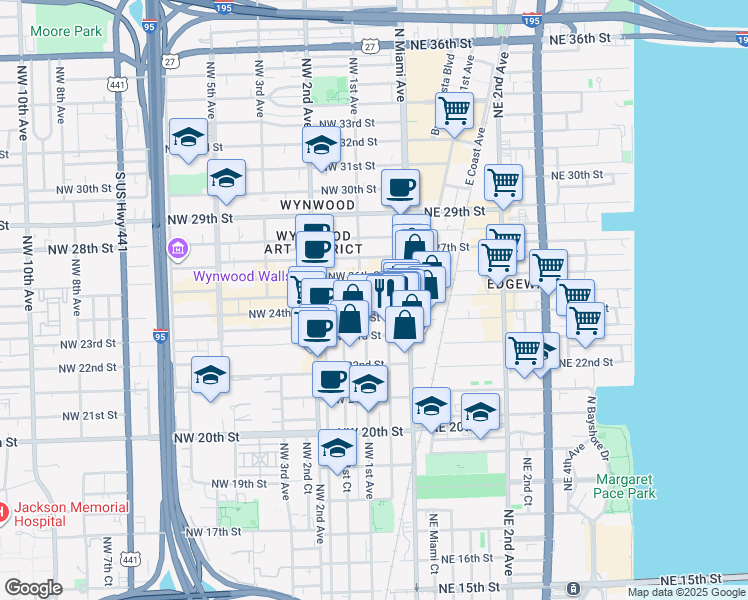 map of restaurants, bars, coffee shops, grocery stores, and more near 70 Northwest 25th Street in Miami