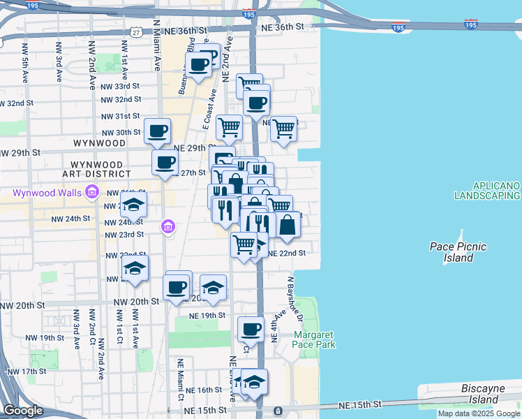 map of restaurants, bars, coffee shops, grocery stores, and more near 350 Northeast 24th Street in Miami