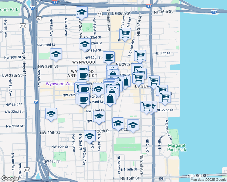 map of restaurants, bars, coffee shops, grocery stores, and more near 2405 North Miami Avenue in Miami