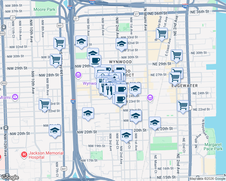map of restaurants, bars, coffee shops, grocery stores, and more near 308 Northwest 24th Street in Miami