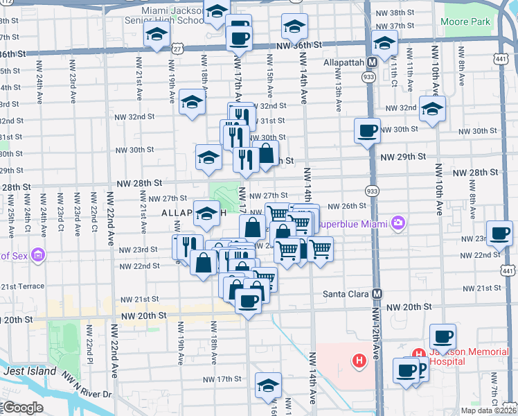 map of restaurants, bars, coffee shops, grocery stores, and more near 1665 Northwest 24th Street in Miami