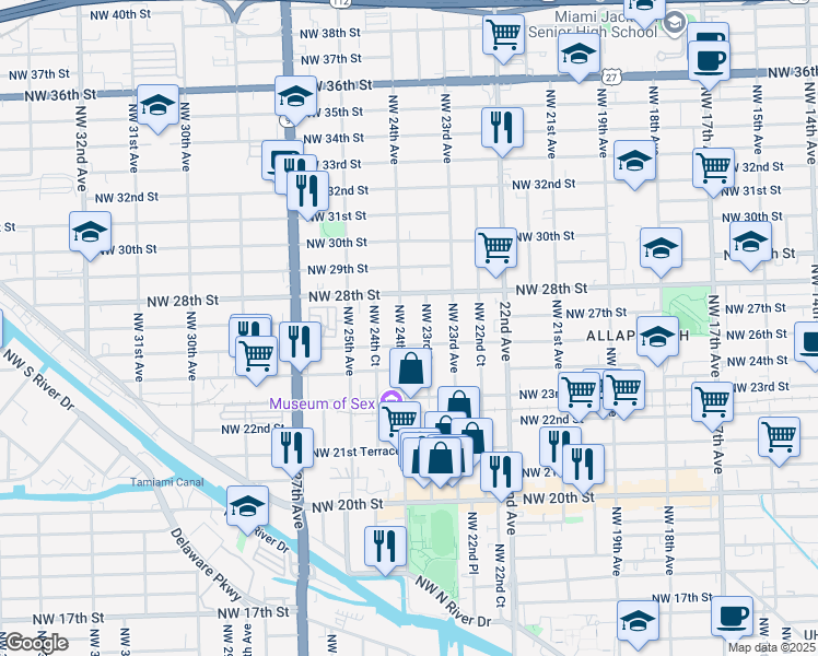 map of restaurants, bars, coffee shops, grocery stores, and more near 2510 Northwest 23rd Court in Miami