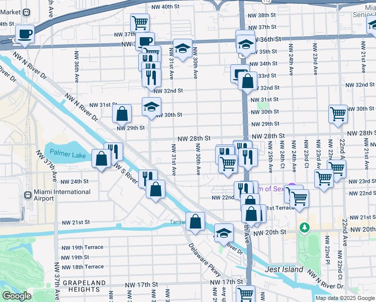 map of restaurants, bars, coffee shops, grocery stores, and more near 3069 Northwest 26th Street in Miami