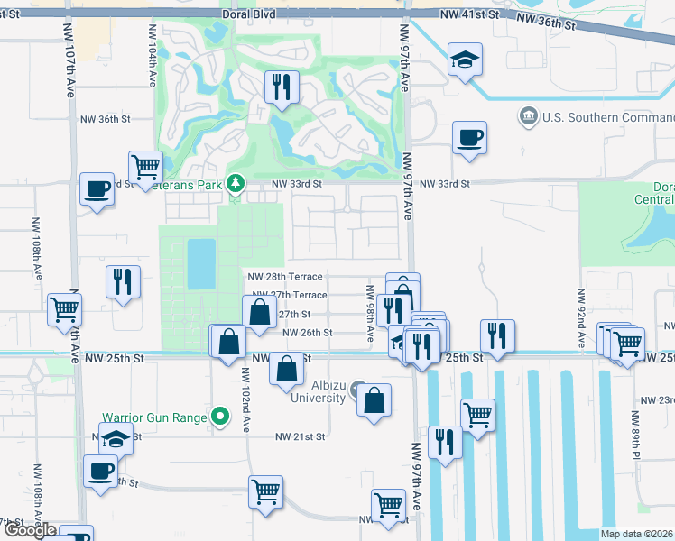 map of restaurants, bars, coffee shops, grocery stores, and more near 9870 Northwest 28th Terrace in Doral
