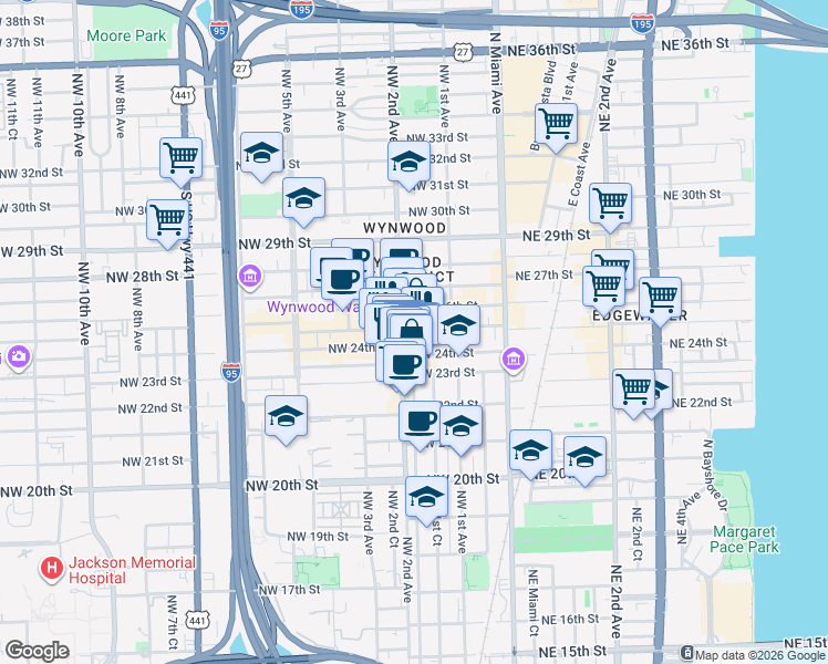 map of restaurants, bars, coffee shops, grocery stores, and more near 2405 Northwest 2nd Avenue in Miami