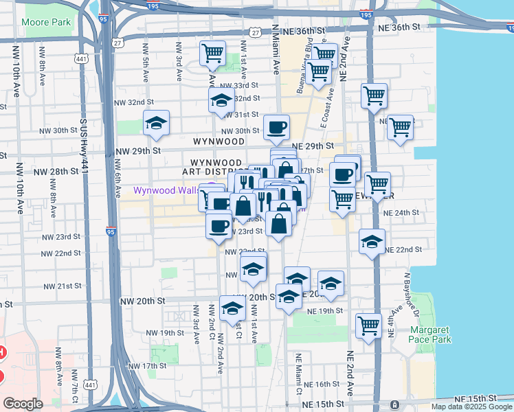 map of restaurants, bars, coffee shops, grocery stores, and more near 55 Northwest 24th Street in Miami