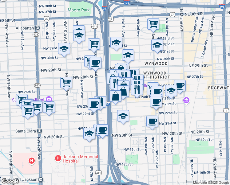 map of restaurants, bars, coffee shops, grocery stores, and more near 2401 Northwest 6th Avenue in Miami