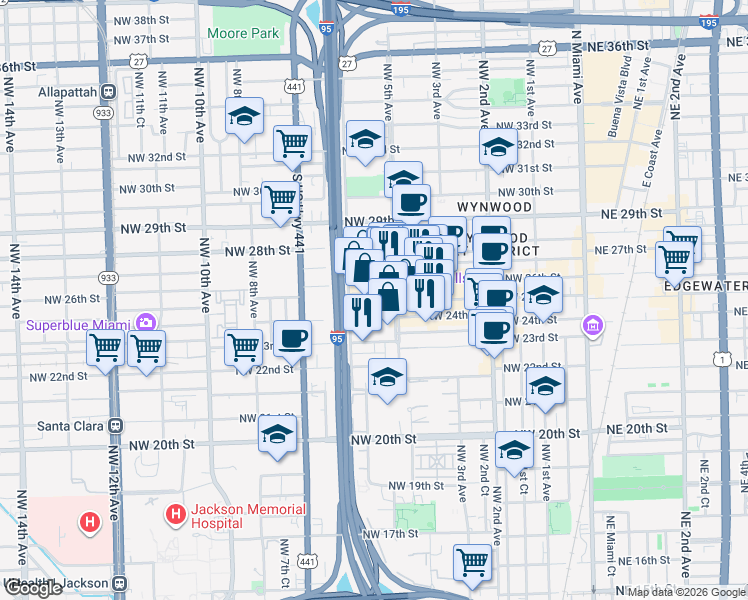 map of restaurants, bars, coffee shops, grocery stores, and more near 2400 Northwest 5 Avenue in Miami
