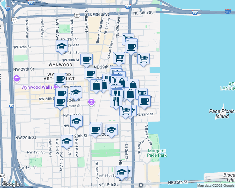 map of restaurants, bars, coffee shops, grocery stores, and more near 162 Northeast 25th Street in Miami