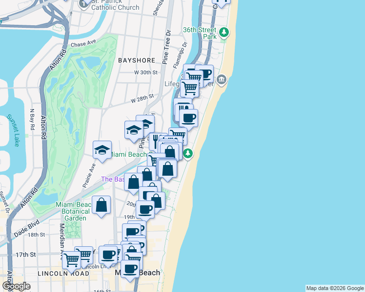 map of restaurants, bars, coffee shops, grocery stores, and more near 1000 Miami Beach Drive in Miami Beach