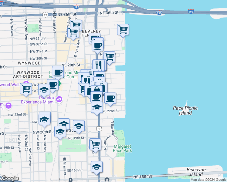 map of restaurants, bars, coffee shops, grocery stores, and more near 2336-2342 Northeast 6th Avenue in Miami