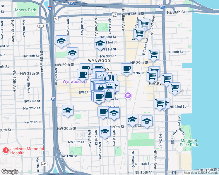 map of restaurants, bars, coffee shops, grocery stores, and more near 119 Northwest 24th Street in Miami