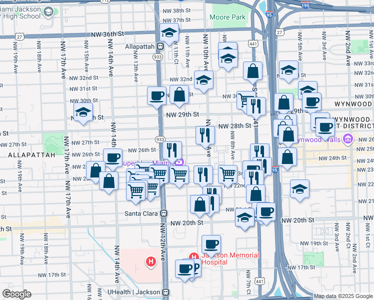 map of restaurants, bars, coffee shops, grocery stores, and more near 1062 Northwest 25th Street in Miami
