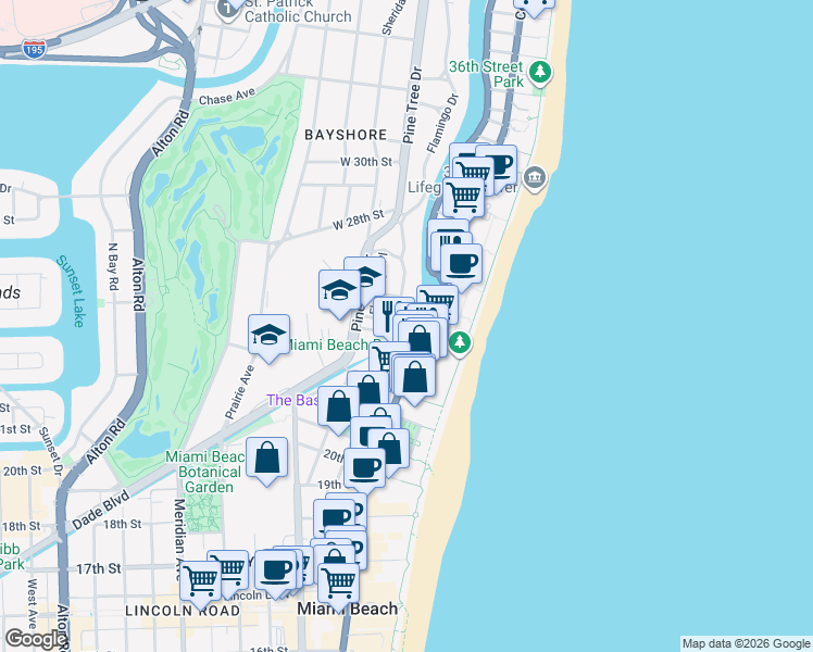 map of restaurants, bars, coffee shops, grocery stores, and more near 2-198 24th Street in Miami Beach