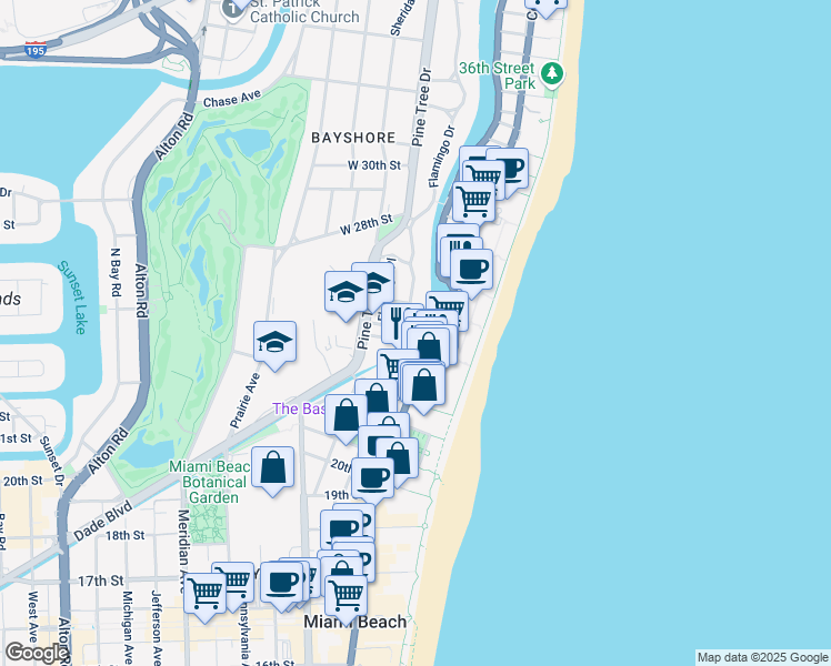 map of restaurants, bars, coffee shops, grocery stores, and more near 2-198 24th Street in Miami Beach