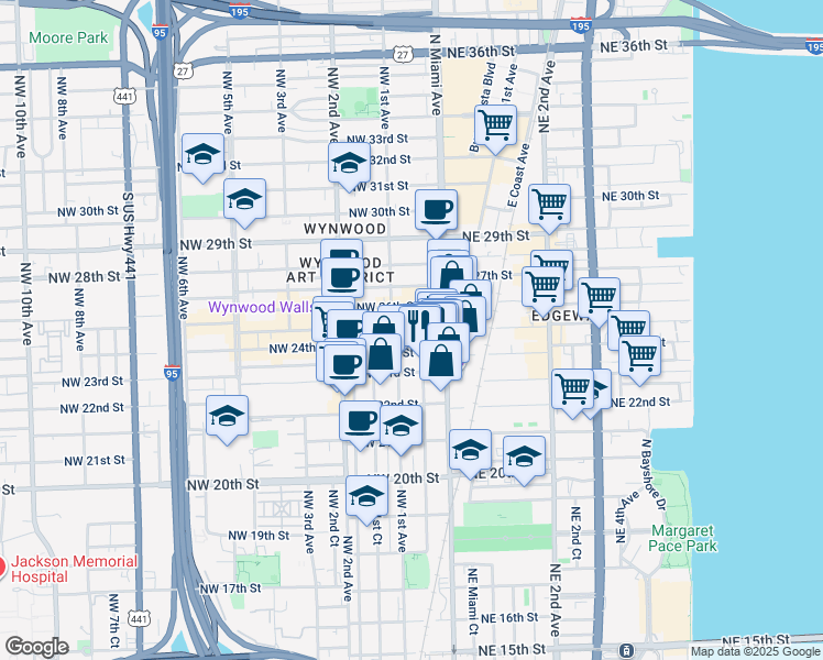 map of restaurants, bars, coffee shops, grocery stores, and more near 55 Northwest 24th Street in Miami