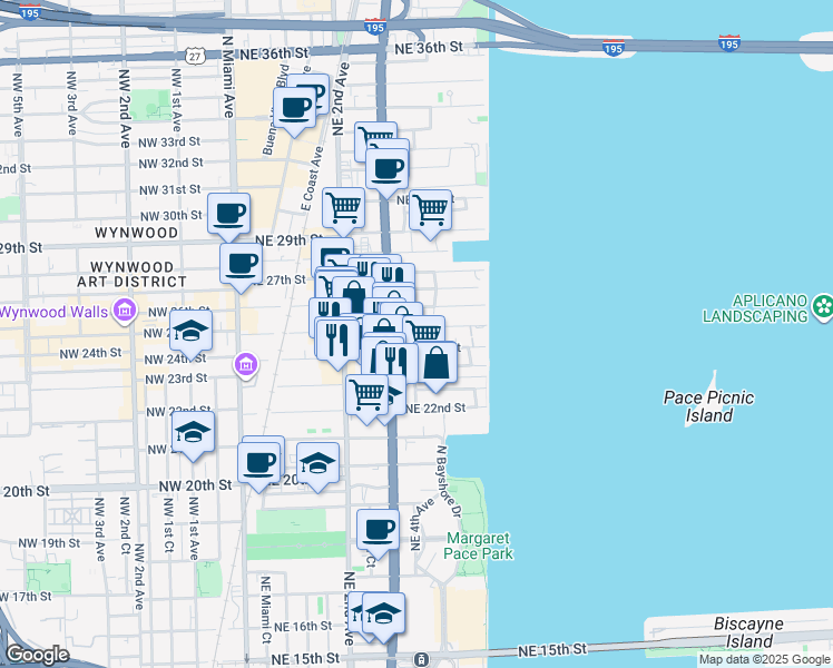 map of restaurants, bars, coffee shops, grocery stores, and more near 350 Northeast 24th Street in Miami