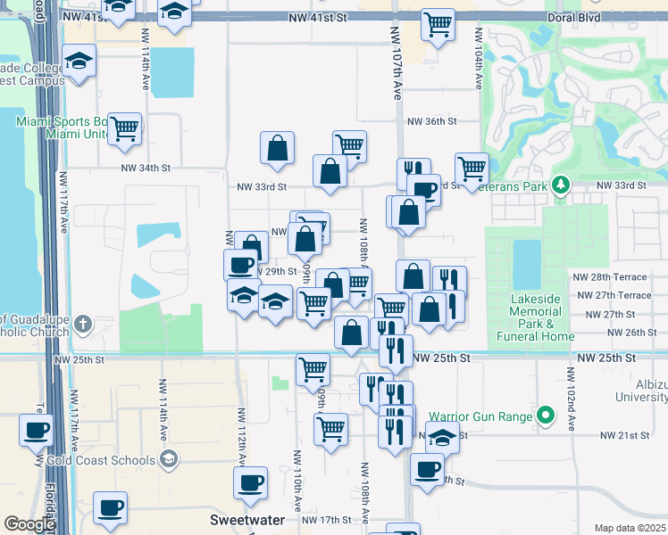 map of restaurants, bars, coffee shops, grocery stores, and more near 10890 Northwest 29th Street in Doral