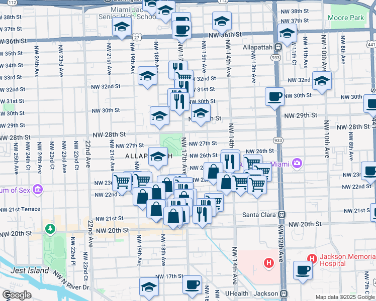 map of restaurants, bars, coffee shops, grocery stores, and more near 1665 Northwest 24th Street in Miami