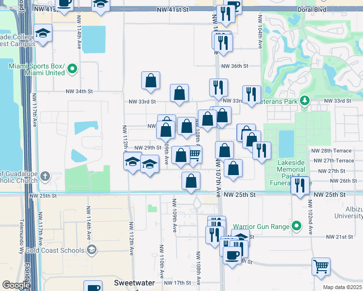 map of restaurants, bars, coffee shops, grocery stores, and more near 10890 Northwest 29th Street in Doral