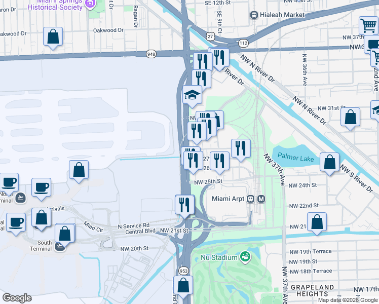 map of restaurants, bars, coffee shops, grocery stores, and more near 4115 Northwest 28th Street in Miami