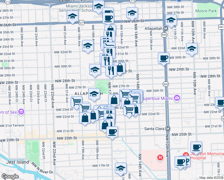 map of restaurants, bars, coffee shops, grocery stores, and more near 1619 Northwest 27th Street in Miami