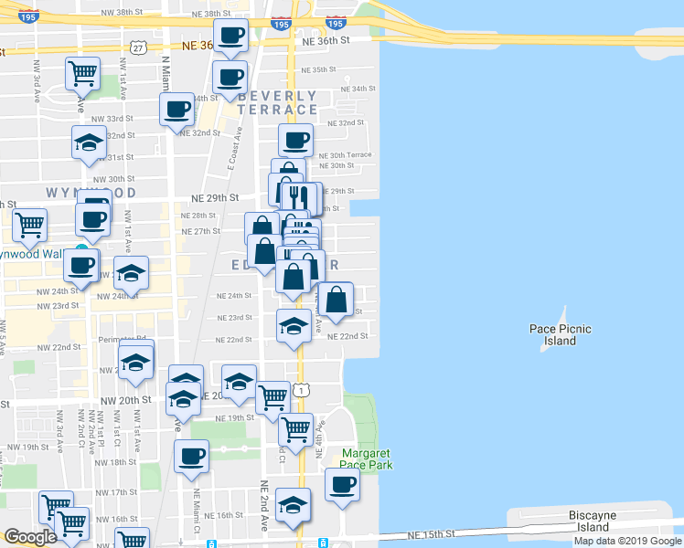 map of restaurants, bars, coffee shops, grocery stores, and more near in Miami