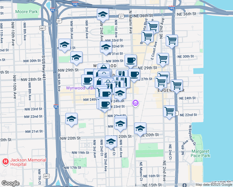 map of restaurants, bars, coffee shops, grocery stores, and more near in Miami
