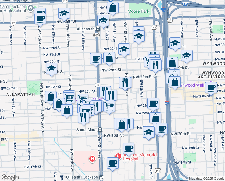 map of restaurants, bars, coffee shops, grocery stores, and more near 1134 Northwest 27th Street in Miami