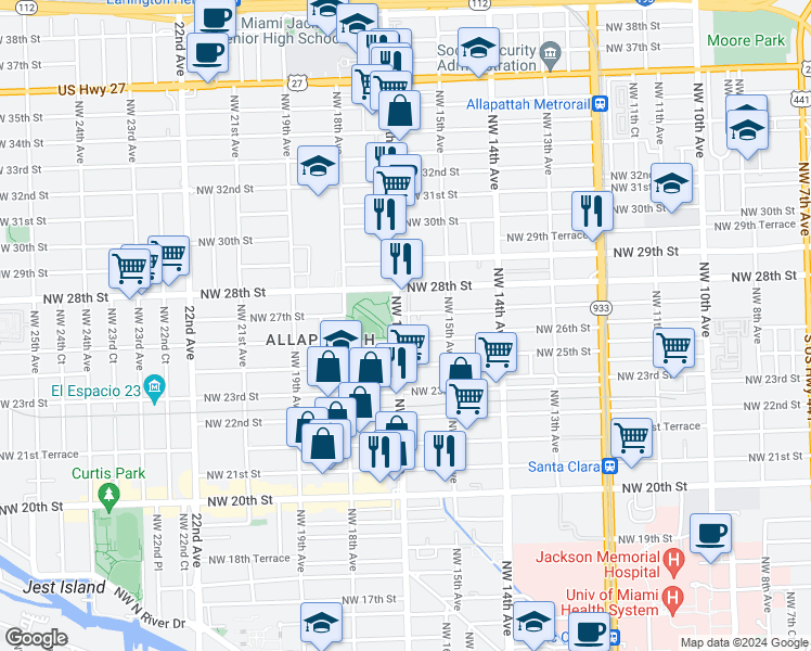map of restaurants, bars, coffee shops, grocery stores, and more near 1619 Northwest 27th Street in Miami