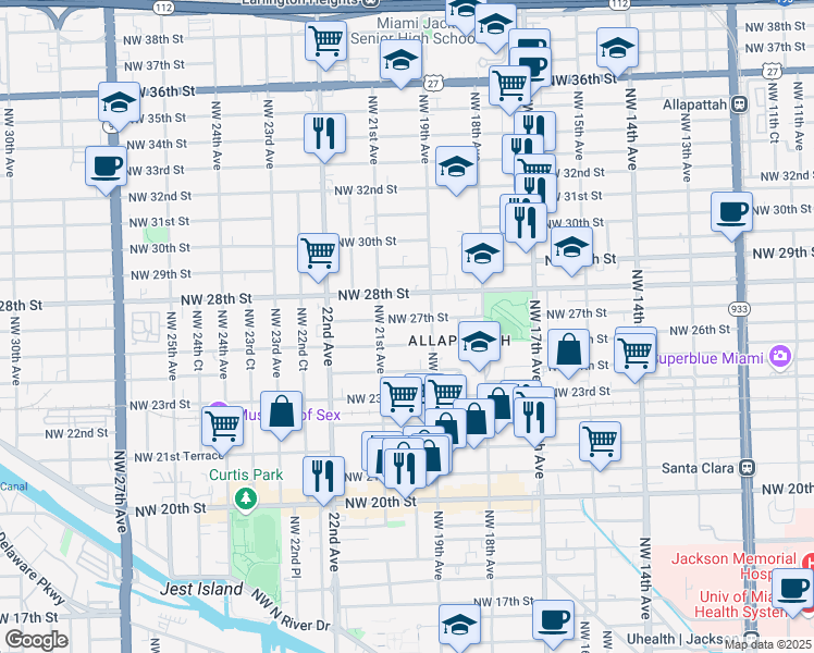 map of restaurants, bars, coffee shops, grocery stores, and more near 2022 Northwest 28th Street in Miami