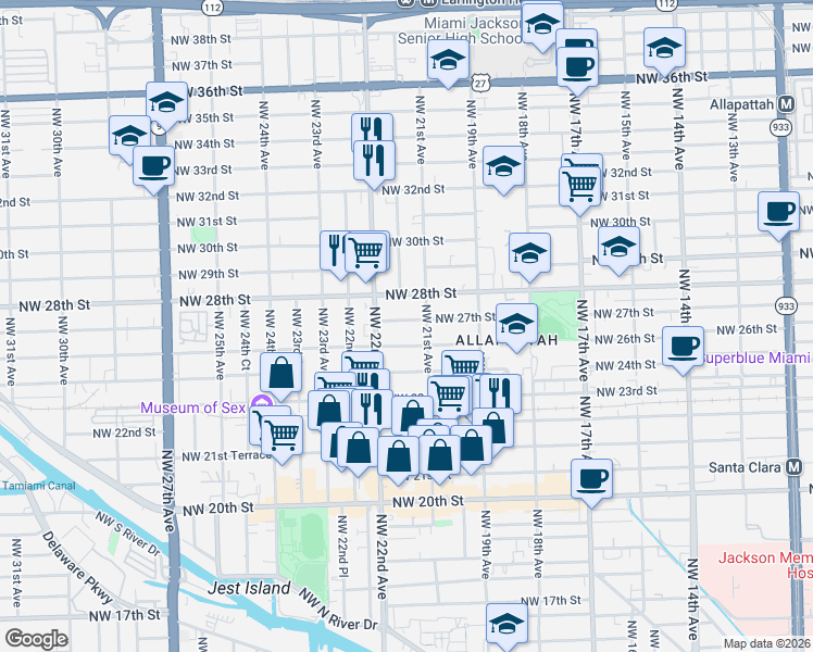 map of restaurants, bars, coffee shops, grocery stores, and more near 2137 Northwest 27th Street in Miami