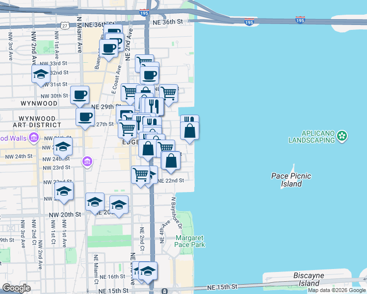 map of restaurants, bars, coffee shops, grocery stores, and more near 600 Northeast 25th Street in Miami