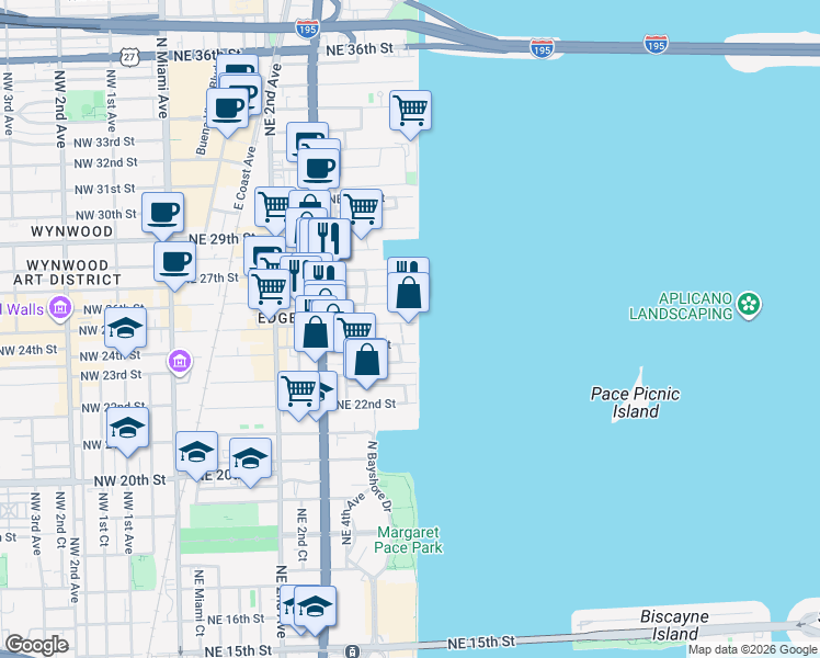 map of restaurants, bars, coffee shops, grocery stores, and more near 700 Northeast 25th Street in Miami