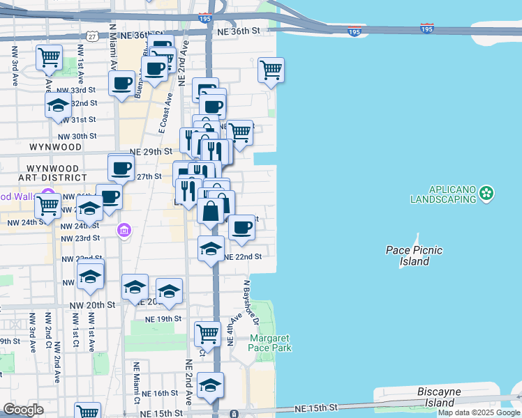 map of restaurants, bars, coffee shops, grocery stores, and more near 520 Northeast 26th Street in Miami