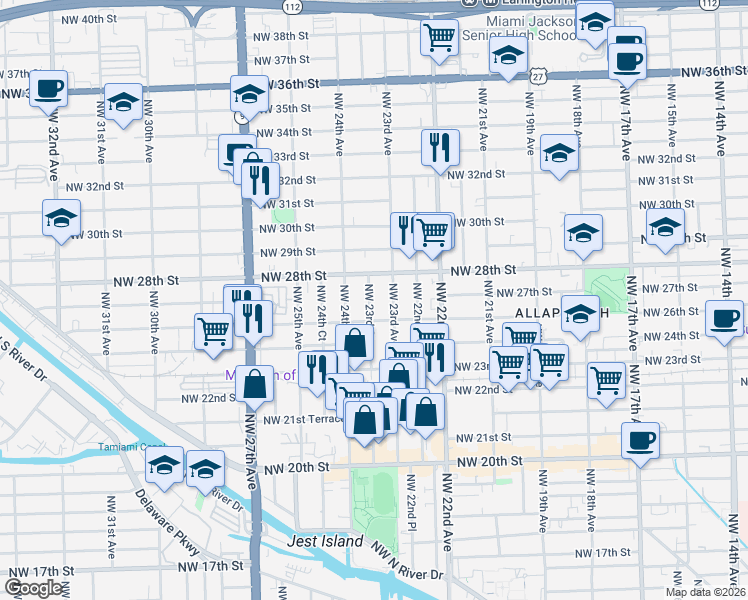 map of restaurants, bars, coffee shops, grocery stores, and more near 2730 Northwest 23rd Court in Miami
