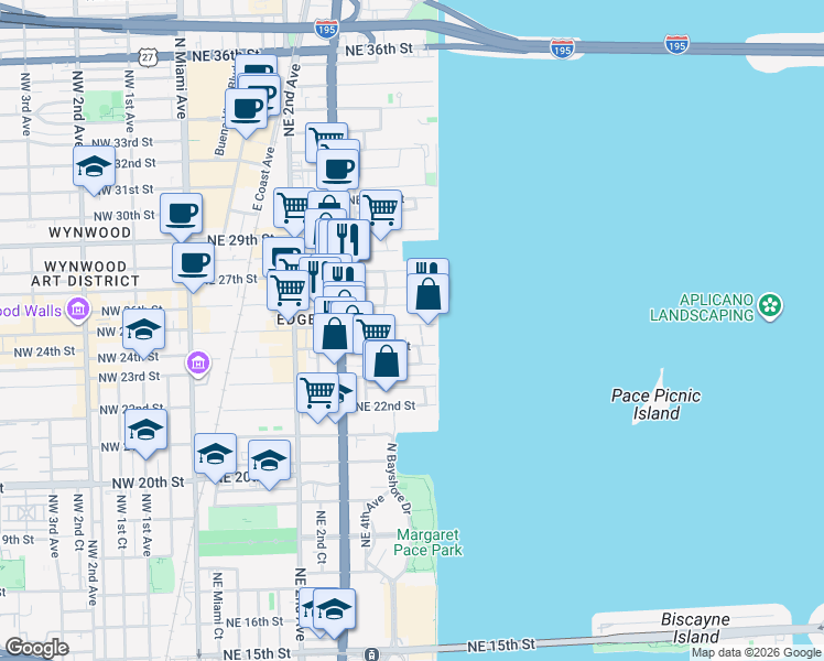 map of restaurants, bars, coffee shops, grocery stores, and more near 520 Northeast 26th Street in Miami
