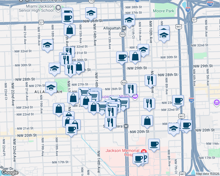 map of restaurants, bars, coffee shops, grocery stores, and more near 2600 Northwest 13th Avenue in Miami