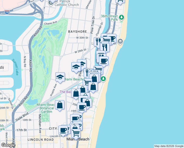 map of restaurants, bars, coffee shops, grocery stores, and more near 2455 Flamingo Drive in Miami Beach