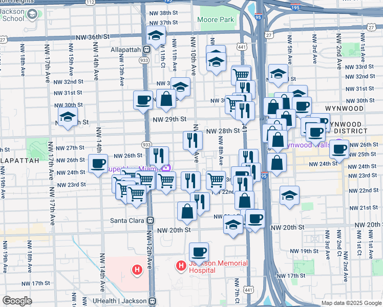 map of restaurants, bars, coffee shops, grocery stores, and more near 2615 Northwest 10th Avenue in Miami