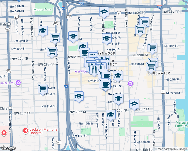 map of restaurants, bars, coffee shops, grocery stores, and more near in Miami