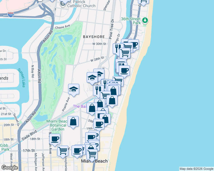 map of restaurants, bars, coffee shops, grocery stores, and more near 320 West 25th Street in Miami Beach
