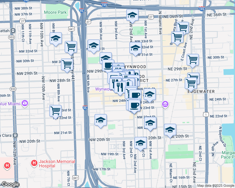 map of restaurants, bars, coffee shops, grocery stores, and more near in Miami