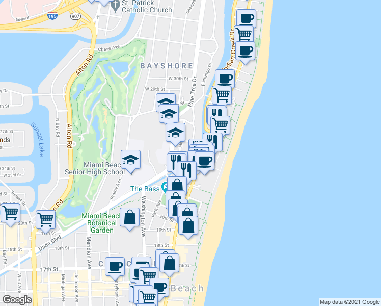 map of restaurants, bars, coffee shops, grocery stores, and more near 320 West 25th Street in Miami Beach