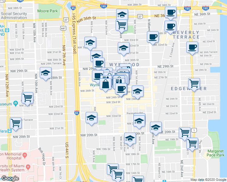 map of restaurants, bars, coffee shops, grocery stores, and more near in Miami