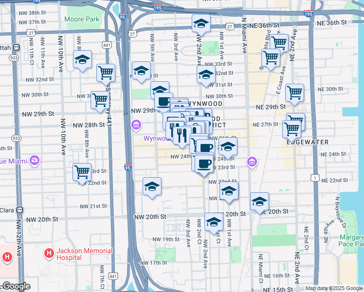 map of restaurants, bars, coffee shops, grocery stores, and more near 275 Northwest 26th Street in Miami