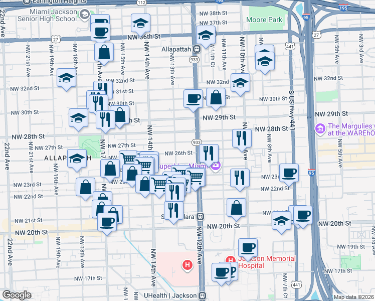 map of restaurants, bars, coffee shops, grocery stores, and more near 1290 Northwest 27th Street in Miami