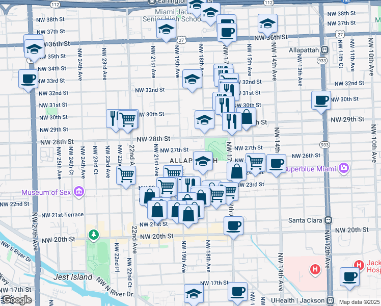 map of restaurants, bars, coffee shops, grocery stores, and more near 1891 Northwest 27th Street in Miami