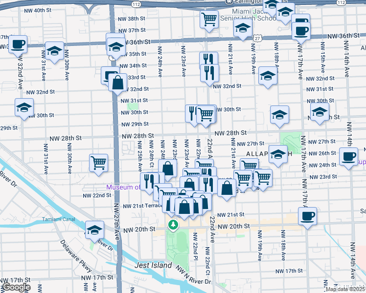 map of restaurants, bars, coffee shops, grocery stores, and more near 2731 Northwest 23rd Avenue in Miami